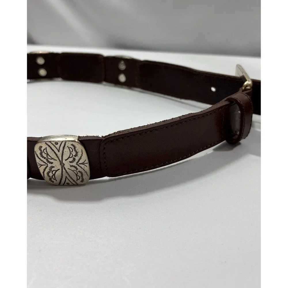 Fossil Vintage Brown Leather Western Concho Link Belt Silver Engraved Plates S